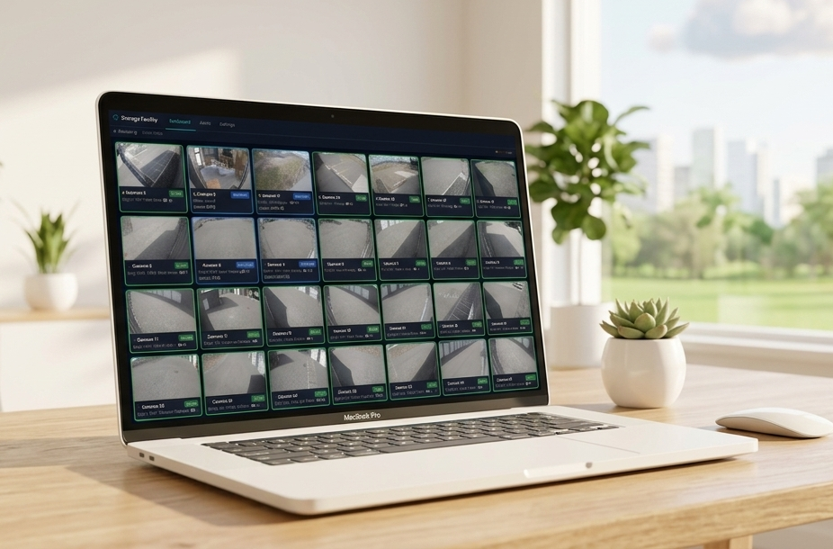 SecurityCamScanner dashboard monitoring 32 cameras on a MacBook Pro, showing live detection badges with confidence percentages