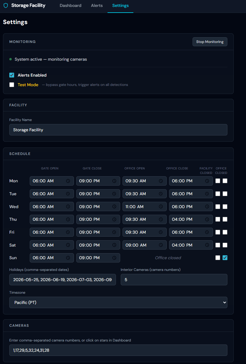 SCS settings page showing facility schedule configuration: gate open and close times, office hours for each day of the week, holidays, timezone, and monitored camera selection